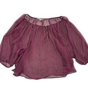Pleione Blouse Womens Small Purple Sheer Beaded Neckline Flowy Peasant Top
